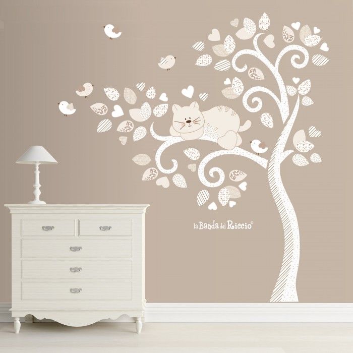 albero adesivo murale con Gatto e Uccellini - adesivo murale di un