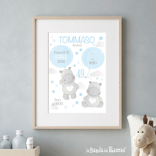 Personalised Birth Print, Hippo Balloons