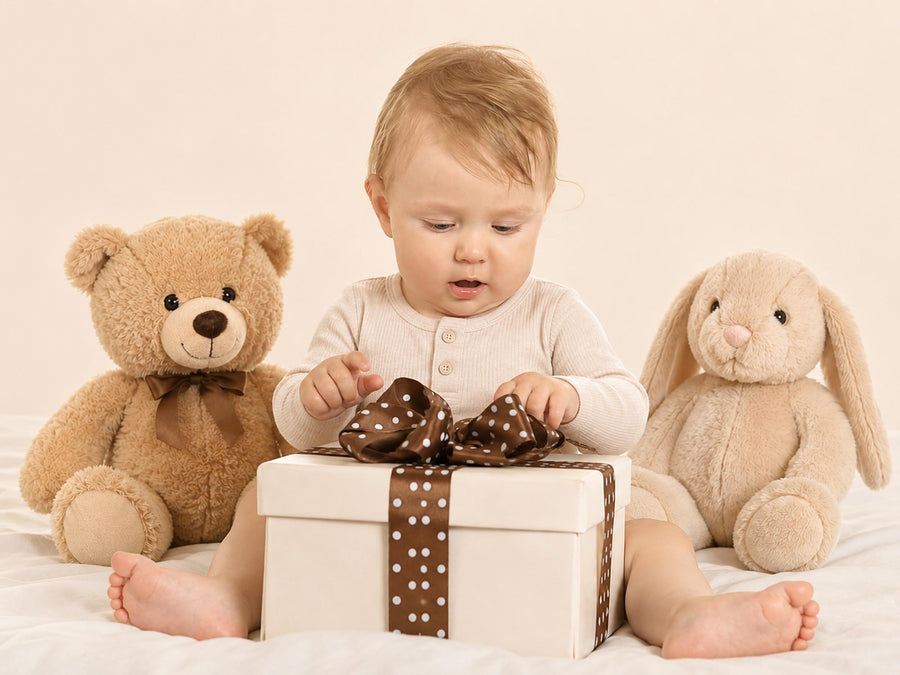 Bambino che apre un pacco regalo fra due peluche